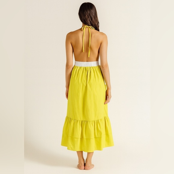 Fanm Mon Yamile 100% Linen Floral Embroidered Halter Midi Dress Mustard Lime NWT - Picture 3 of 16